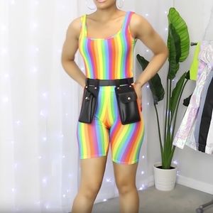 rainbow bodysuit and cycling shorts